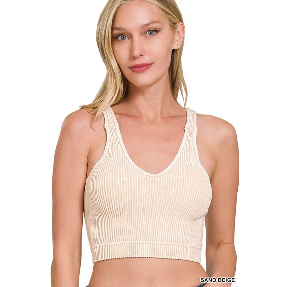 ROSLYN SAND BEIGE WASHED RIBBED CROPPED SEAMLESS BRA PADDED TANK TOP - L/XL - Picture 1 of 1